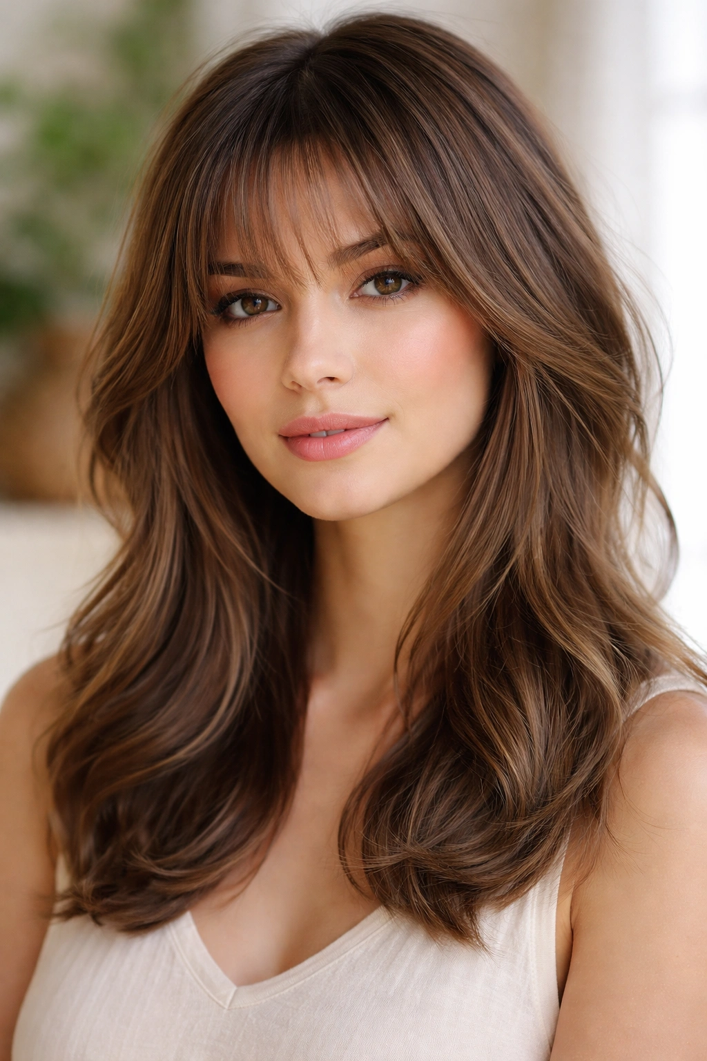 Portrait with feathered bangs shorter in center longer on sides
