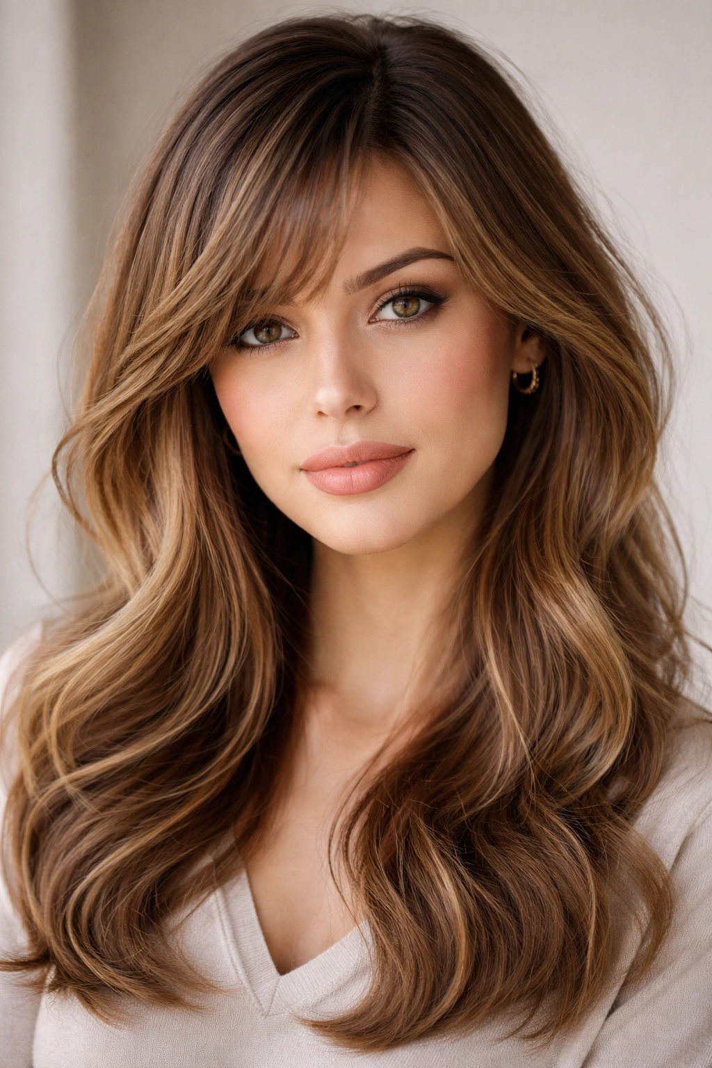 Close-up of a model with textured feathered bangs and side part showing soft layers