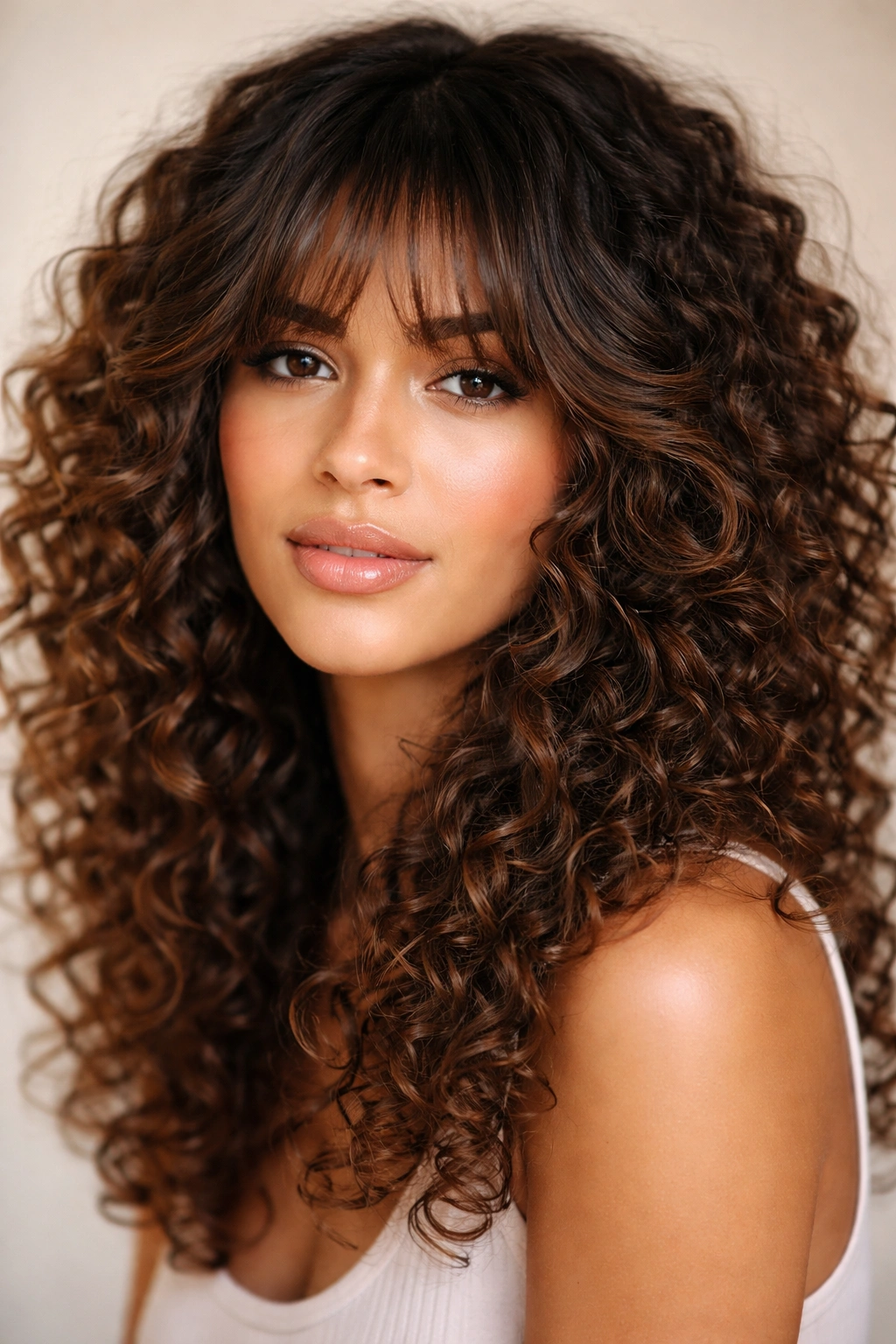 Close-up of feathered bangs with soft angled layers on curly hair.