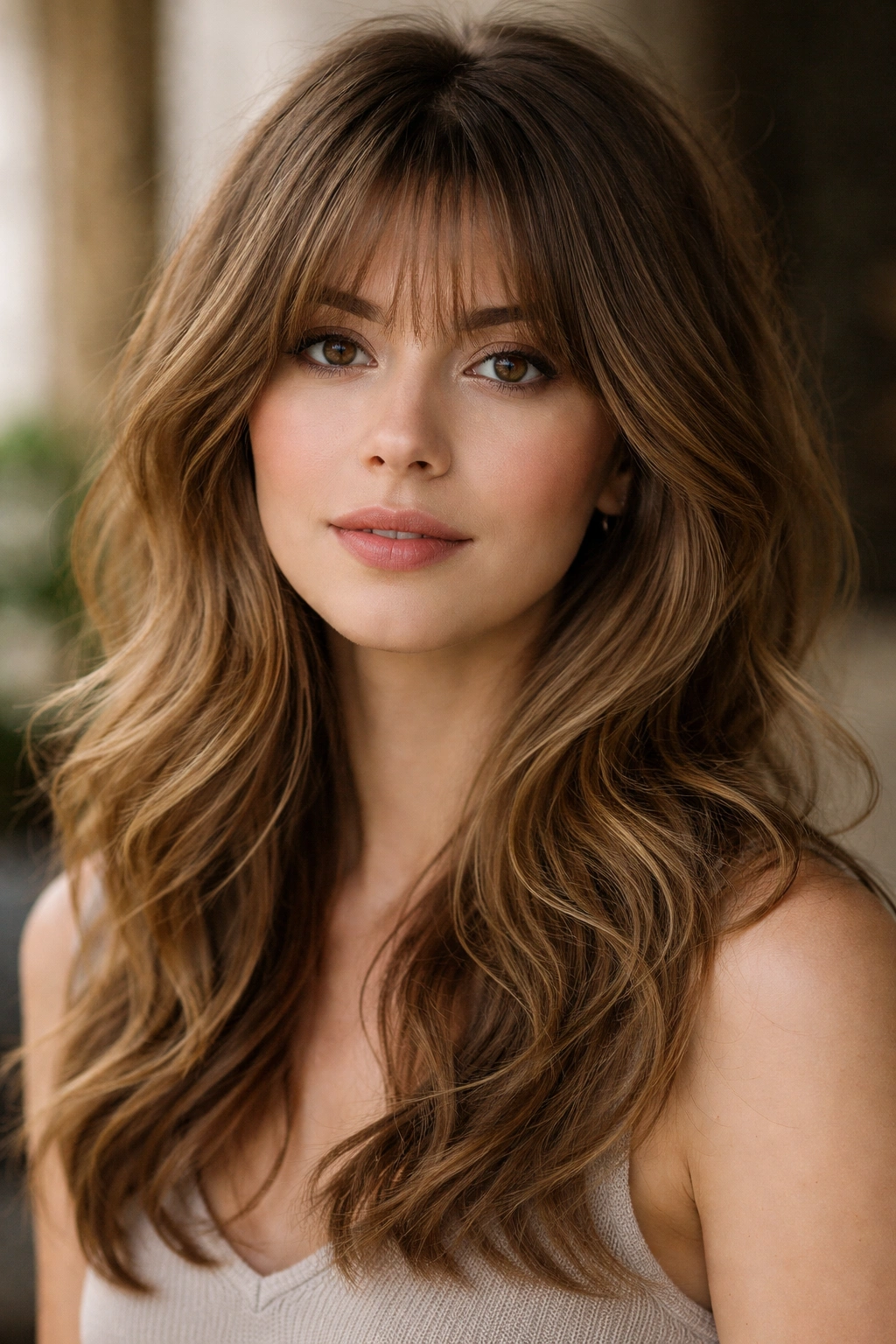 Feathered bangs with soft waves giving airy, textured hair.