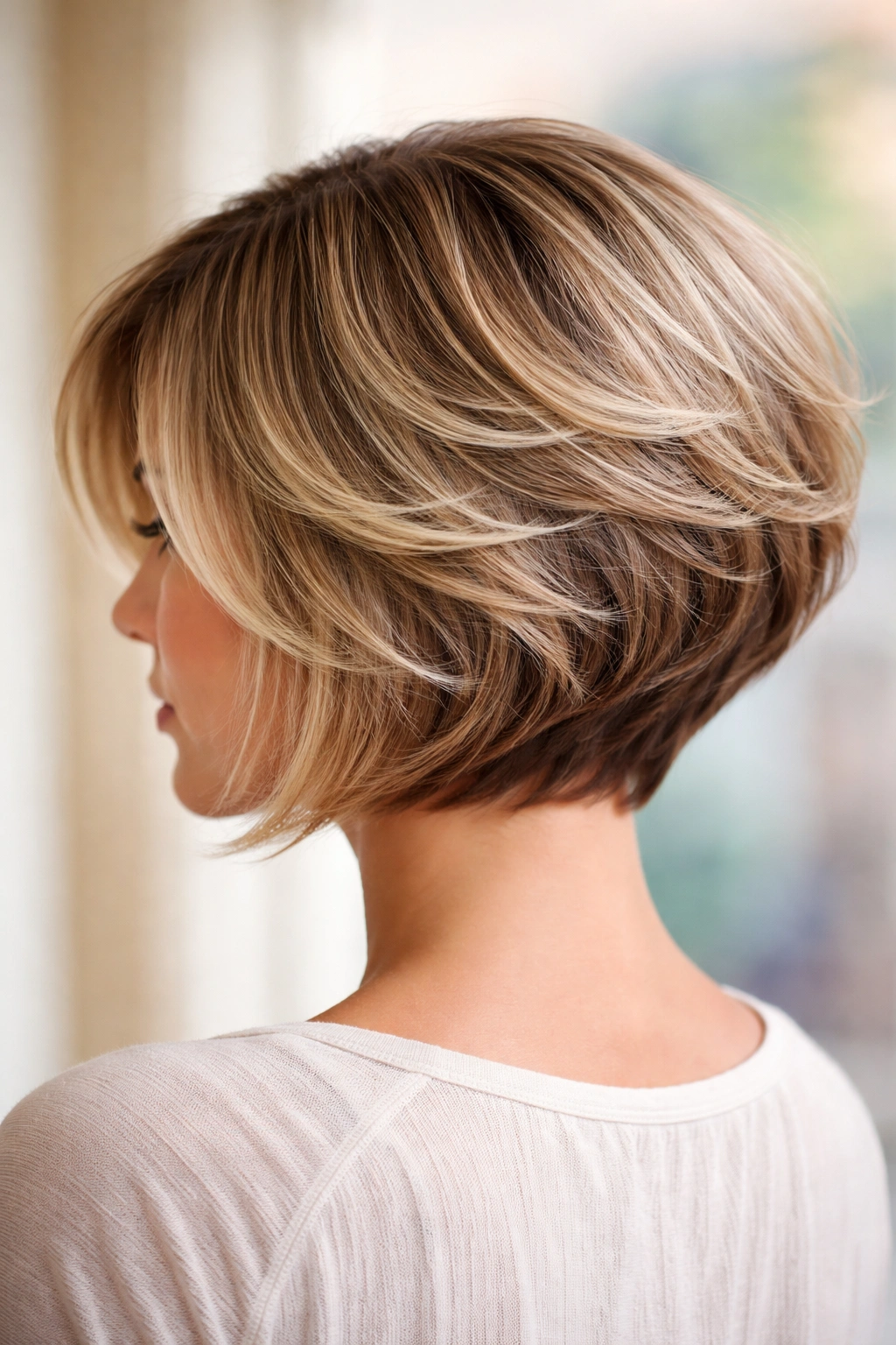 Feathered stacked bob with soft tapered layers and lift