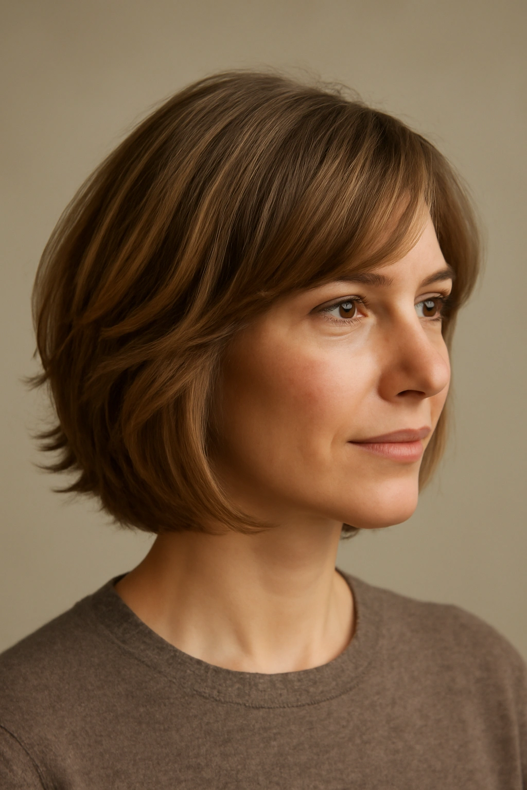 Model with a feathered bob showing soft, layered movement