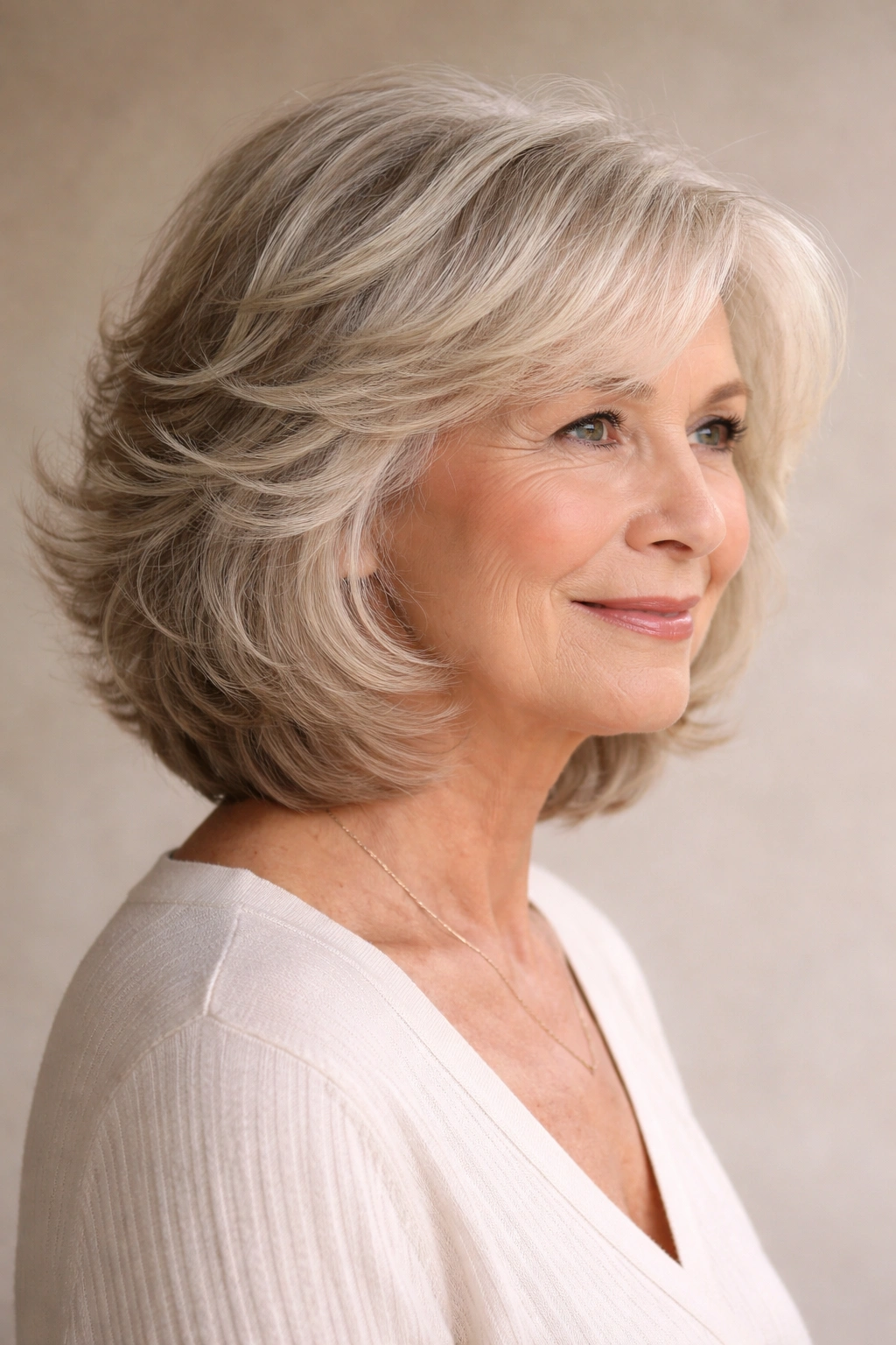 Shoulder-length feathered bob with outward layers and perm waves