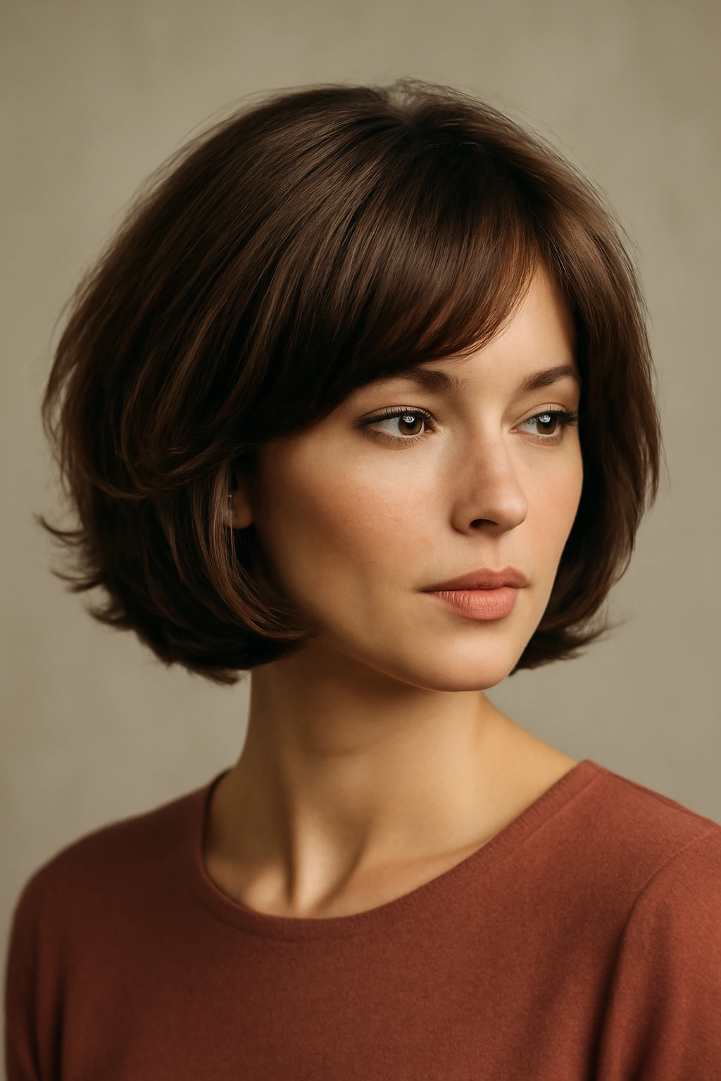 Feathered bob hairstyle with retro flair