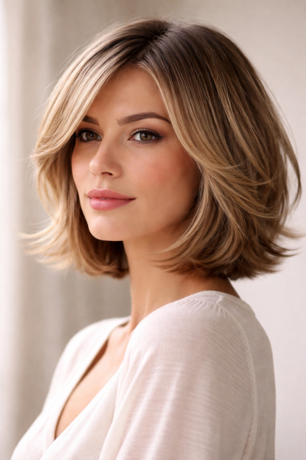 Feathered bob on square jaw soft silhouette with outward flips