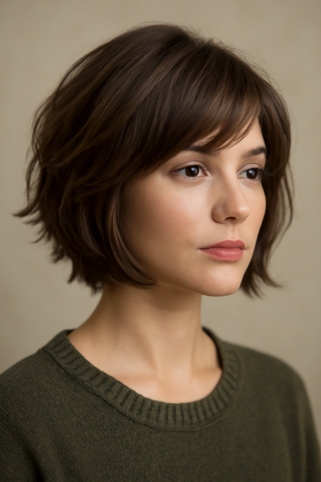 Close-up portrait of a model with a feathered bob showing layered, feathery texture