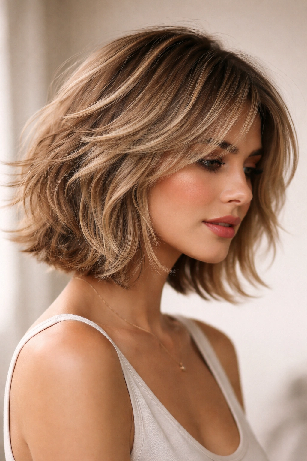 Portrait of a person with a feathered textured bob featuring outward feathering and soft waves.