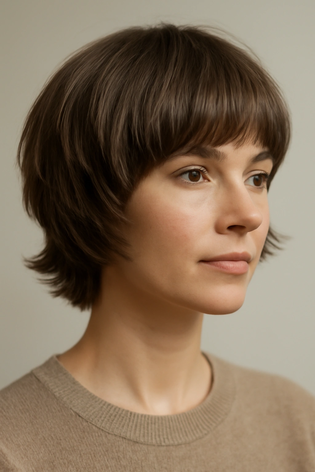 Portrait of a person with a feathered soft bowl haircut featuring curved layers