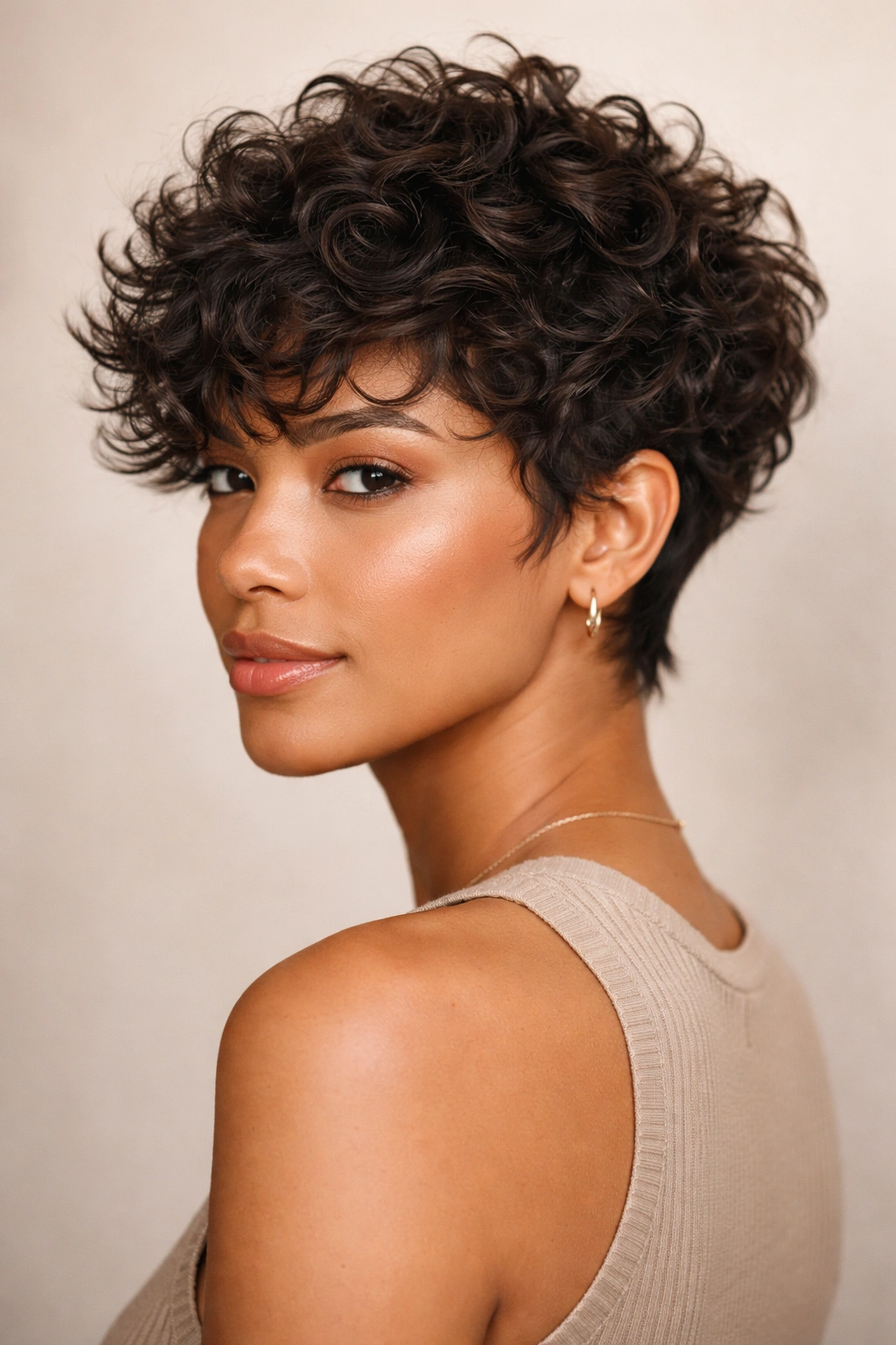 Close-up of a feathered crop hairstyle with tapered layers