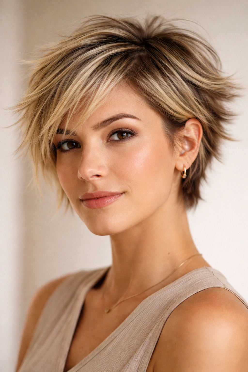 Close-up of a feathered crop with short choppy layers pointing away from the head