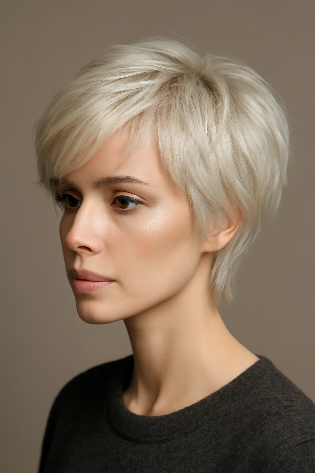 Feathered crop hairstyle in platinum blonde with soft layers