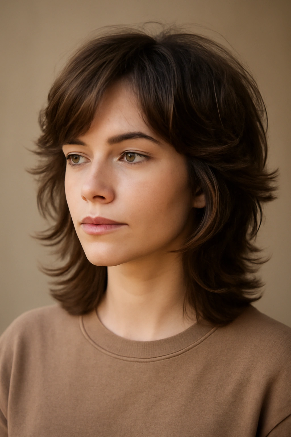 Feathered cut hairstyle with lifted top layers and outward shape in a studio portrait.