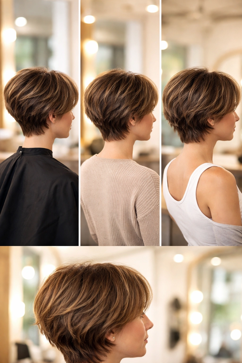 Triptych portrait showing feathered short haircut at three growth stages from trimmed to longer with wispy layers