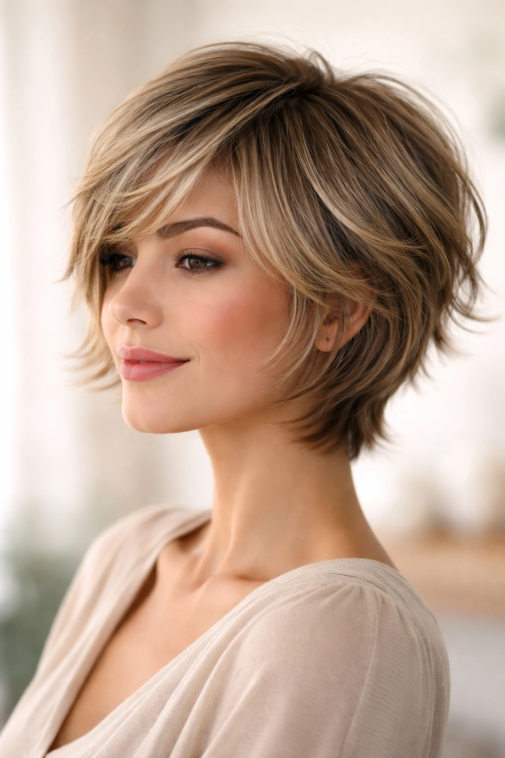 Feathered short cut with extended layers creating airy movement.