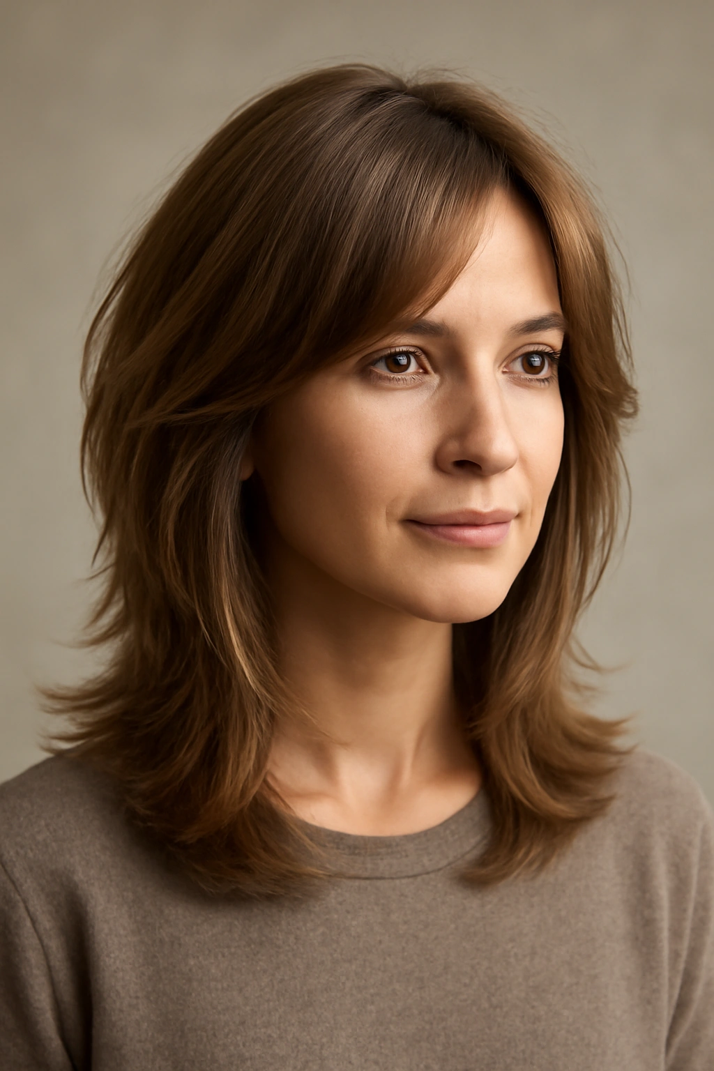 Medium cut with feathered, face-framing layers and soft tapering