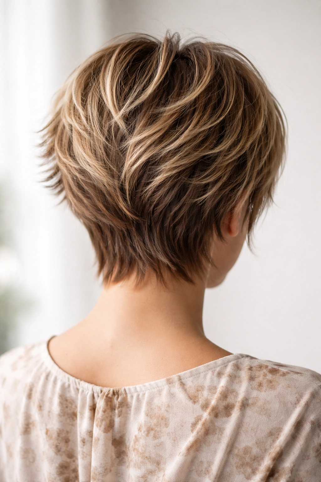 Back view of hair with feathered layers forming a wing-like silhouette.