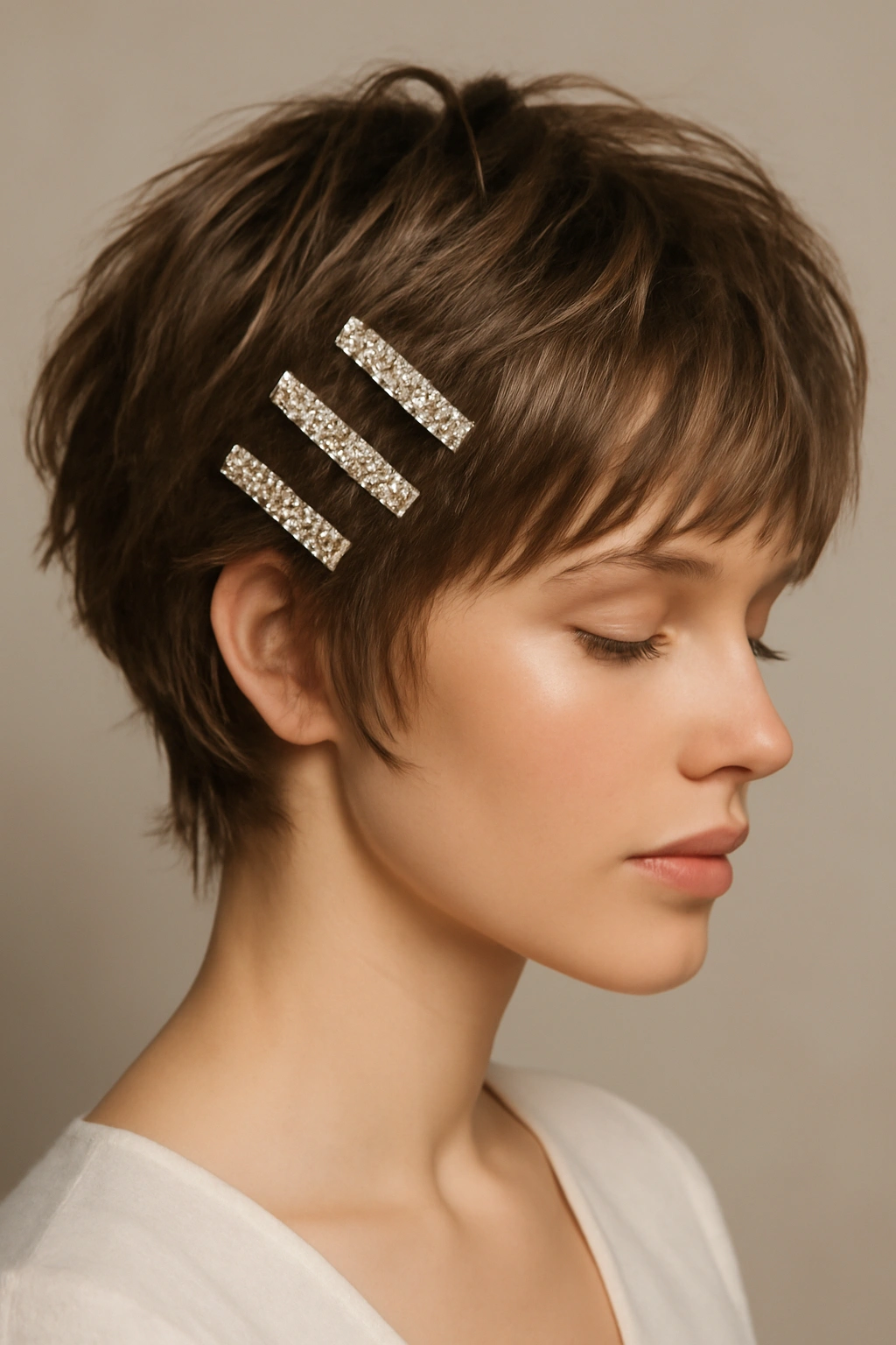 Feathered layers on short hair with diamond clips interwoven.