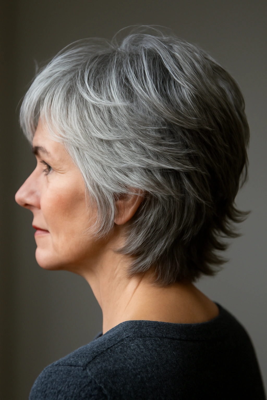 Three-quarter view of feathered layers hairstyle with gray hair