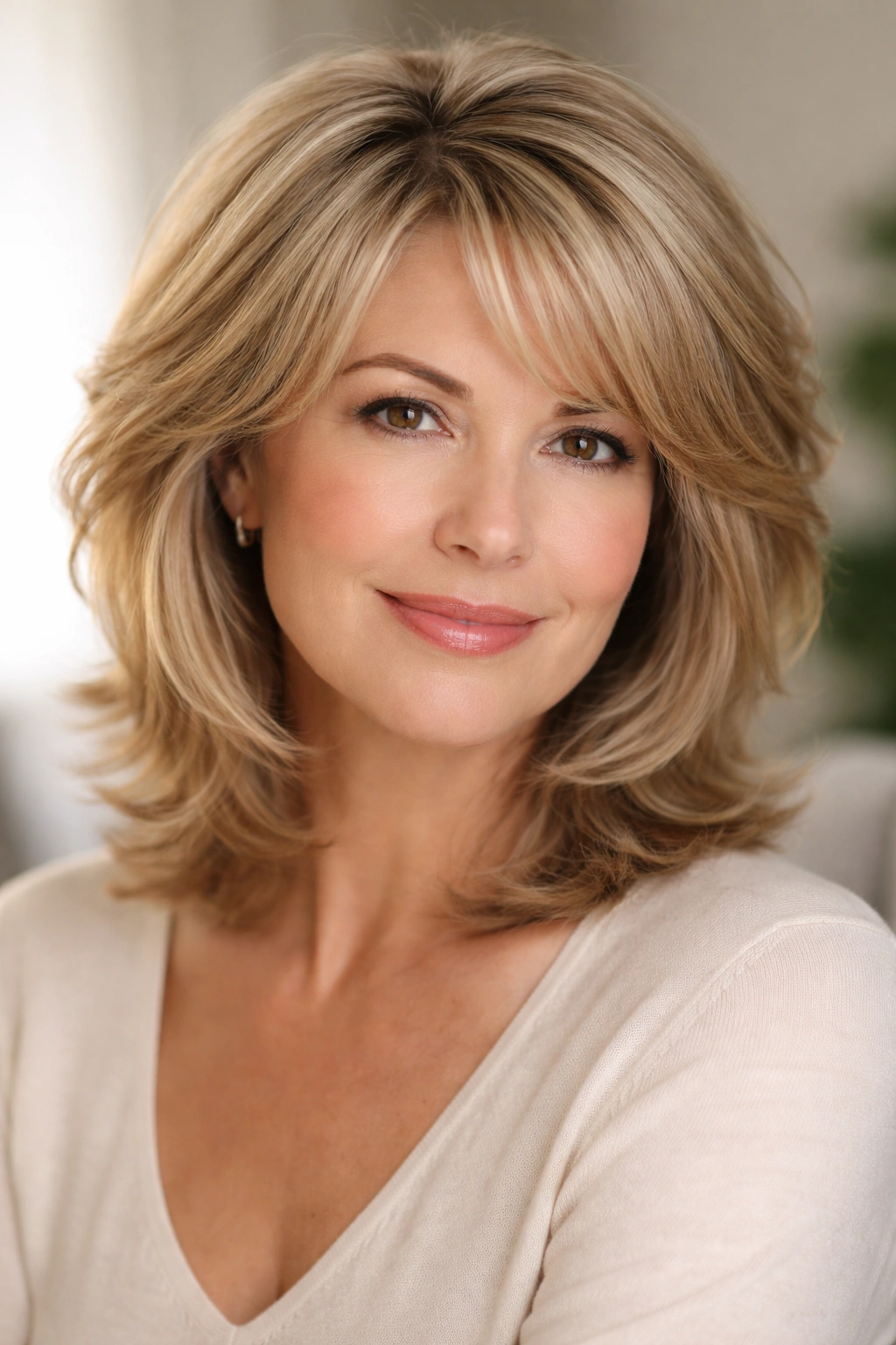 Portrait of a woman with soft feathered layers framing the face