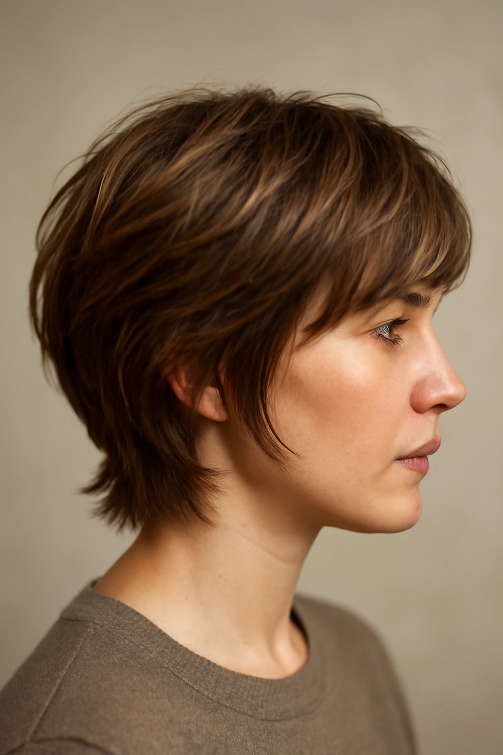 Close-up side profile of a short hairstyle with feathered layered texture and movement