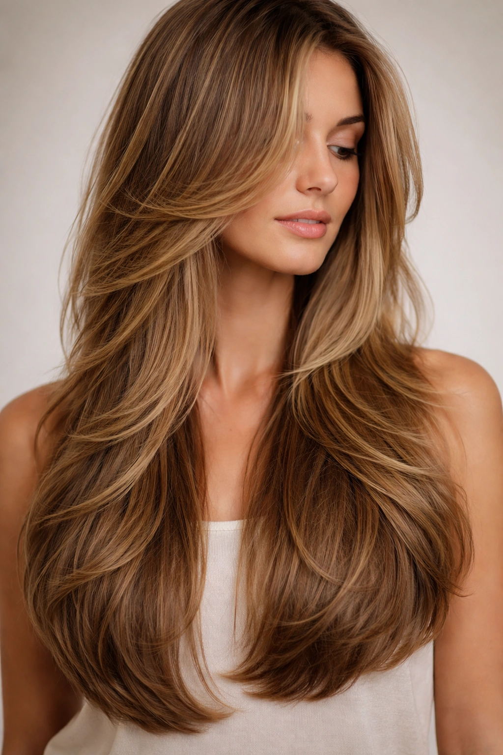 Close-up of long hair with feathered layers creating soft movement