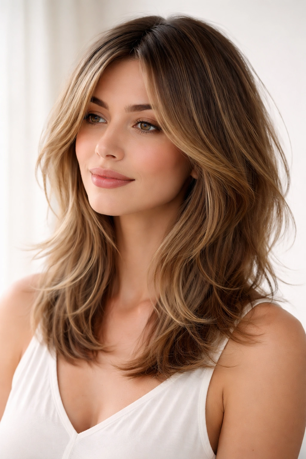 Soft feathered shoulder-length hair with light wispy ends and gentle movement