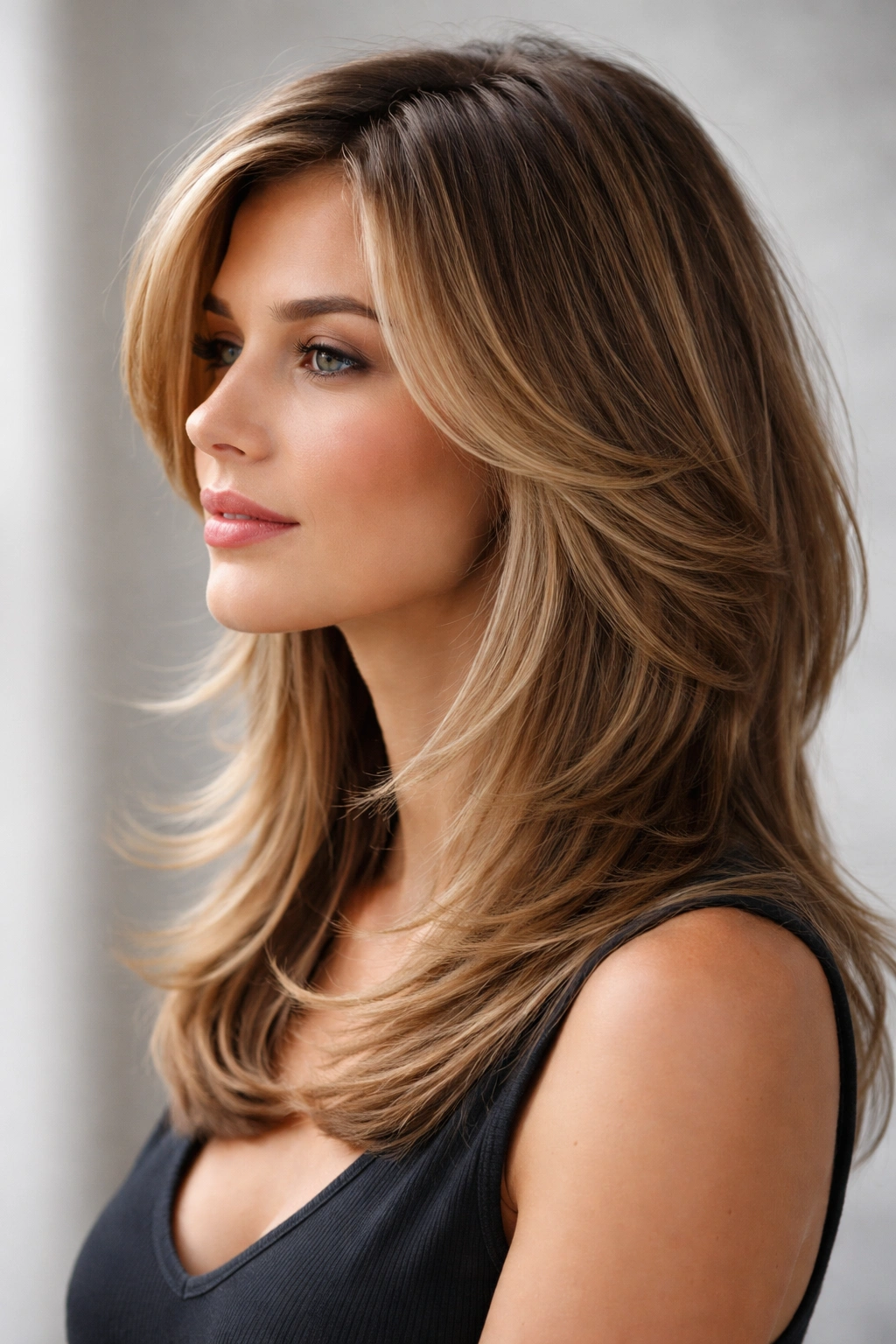 Feathered layered hairstyle with movement on a rectangular face