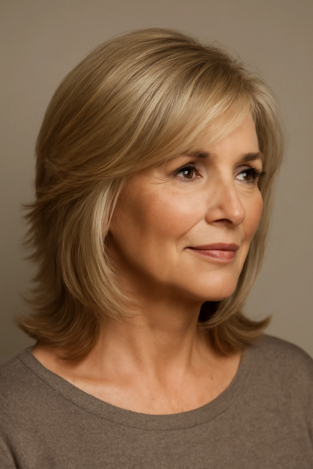 Close-up portrait of a woman with feathered layers creating fullness and soft movement