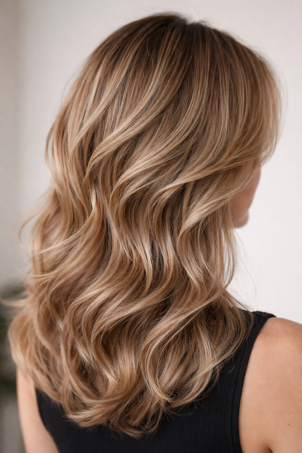 Close-up of Feathered Wavy Layers with scalp-close feathering and smooth waves