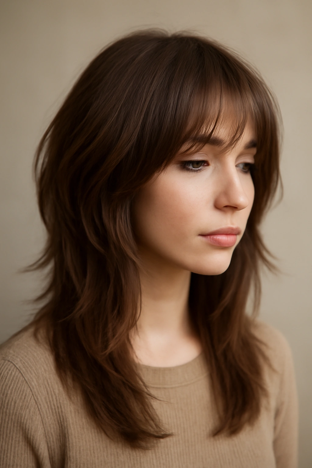 Portrait of feathered layers with wispy bangs catching light and flowing softly