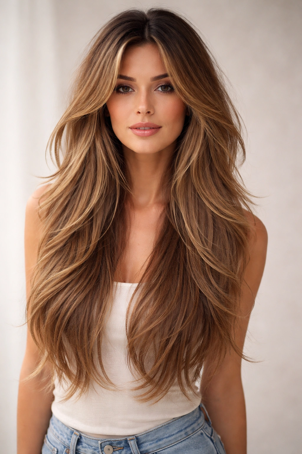 Long hair with feathered soft layers providing volume and movement