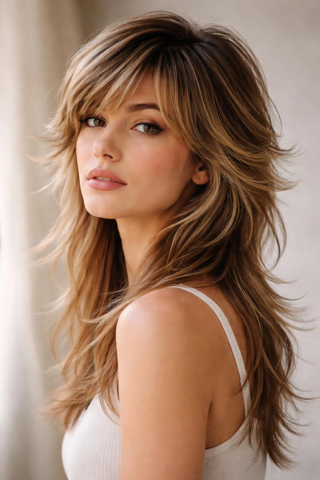 Soft feathered mullet with feathered layers framing the face and longer back in gentle waves.