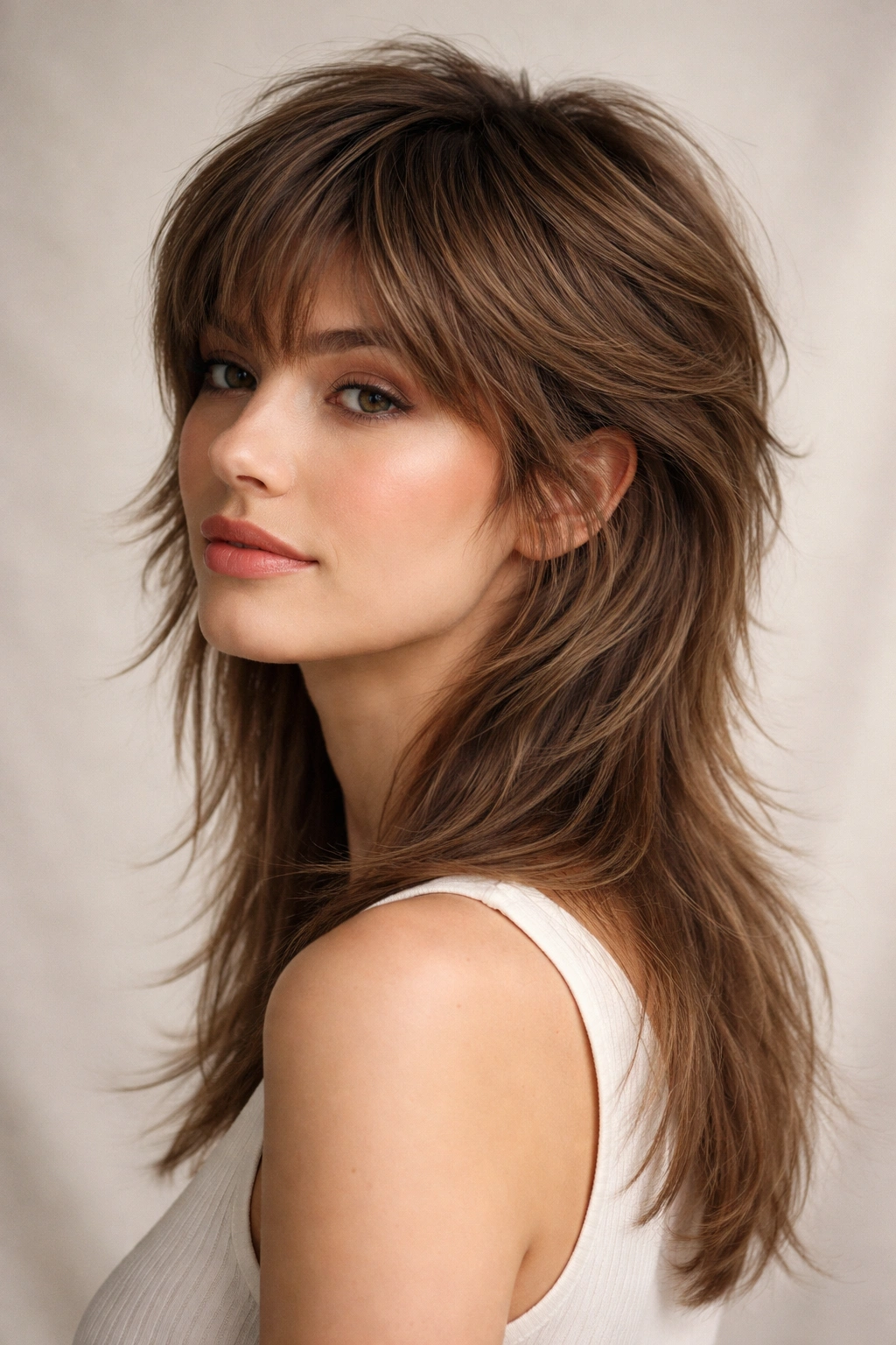 Close-up portrait of a person with a classic feathered mullet showing layered crown and long feathered back