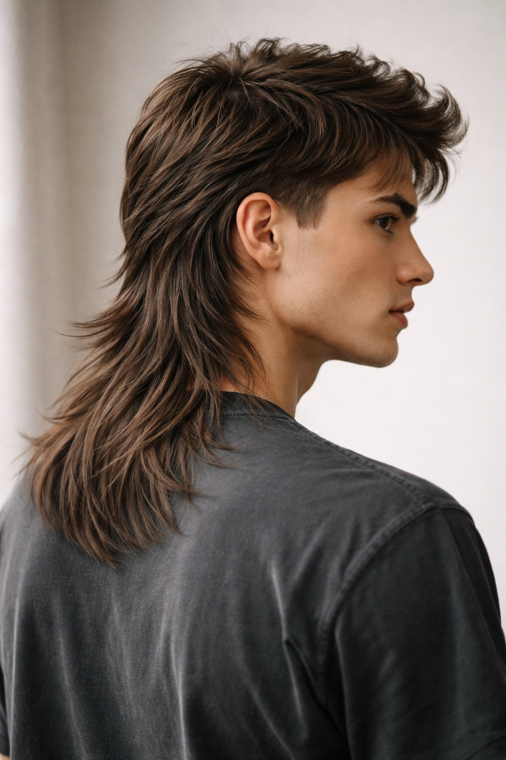 Portrait of a person with a feathered mullet showing layered back and clean front