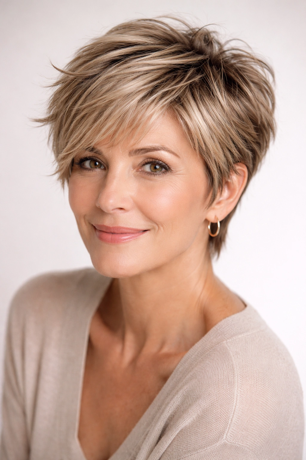 Feathered pixie on a mature woman showing soft feathered layers and movement