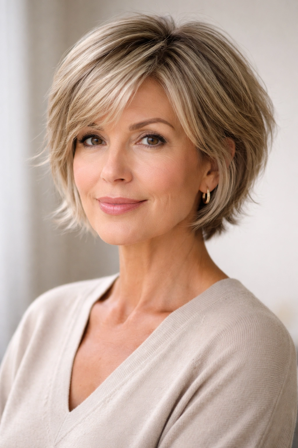 Feathered pixie-bob hybrid with textured layers and chin-length sides