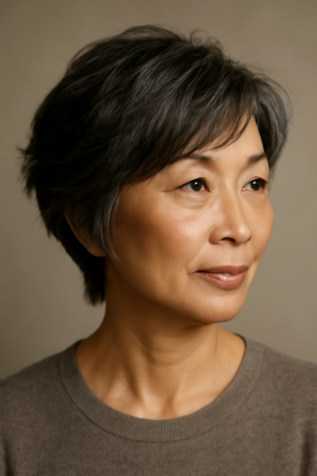 Portrait of an Asian woman over 50 with a feathered pixie-bob hybrid.