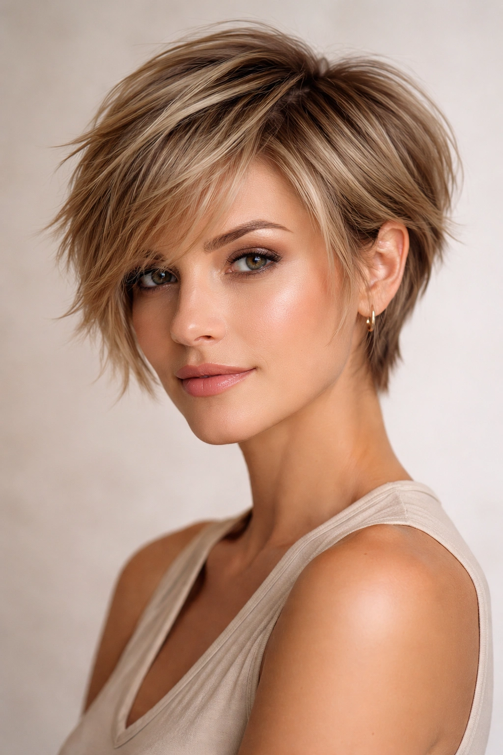 Feathered pixie bob with soft edges and face framing layers catching light