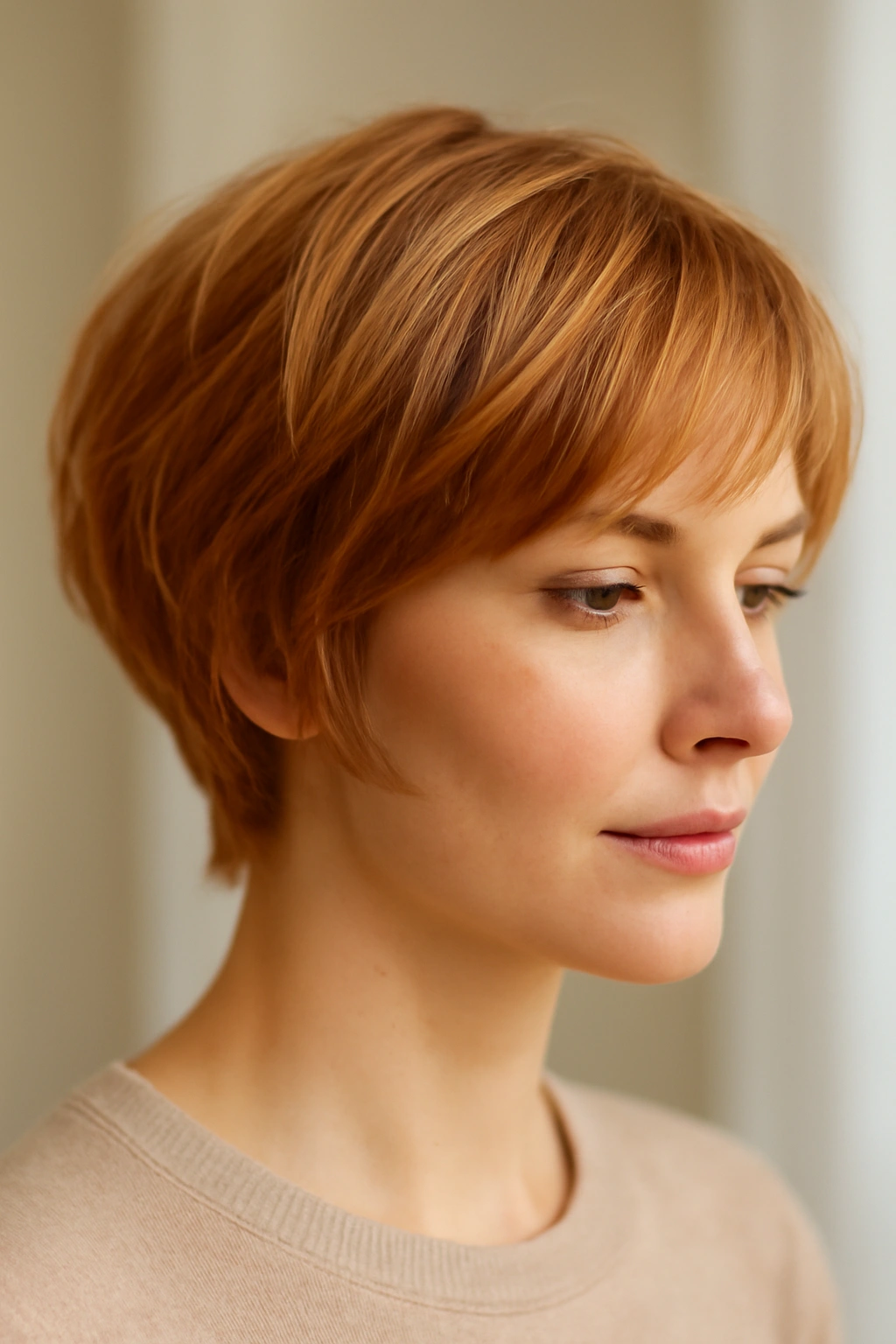 Soft feathered pixie bob in strawberry blonde