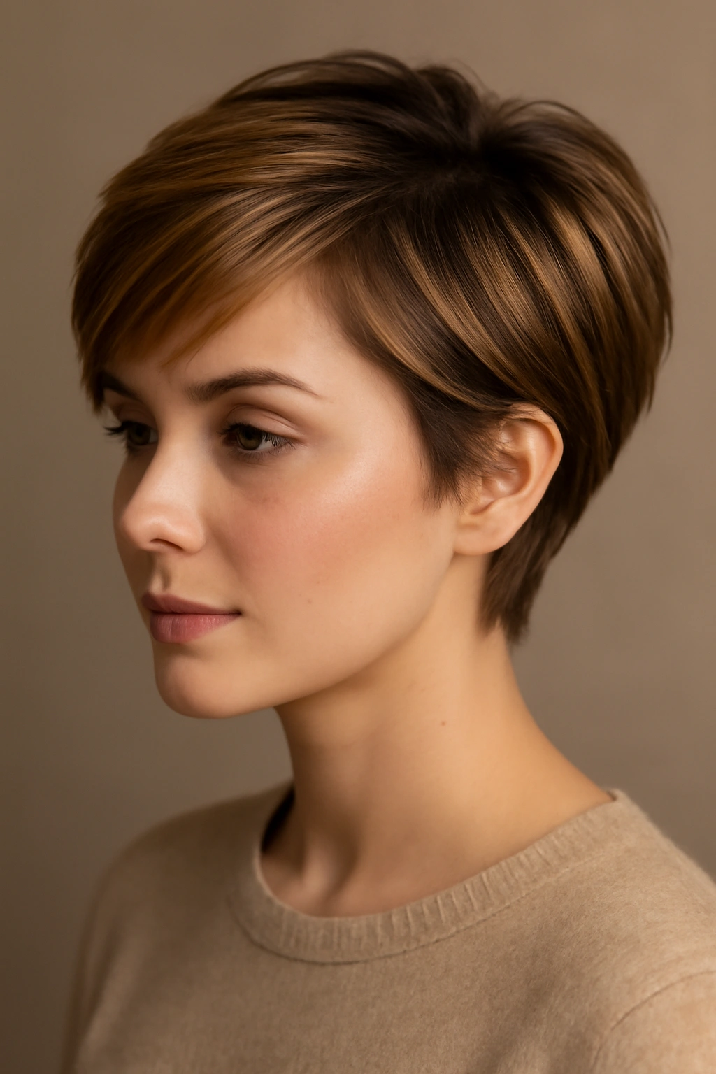 Feathered pixie cut with caramel feathering along the back and sides.