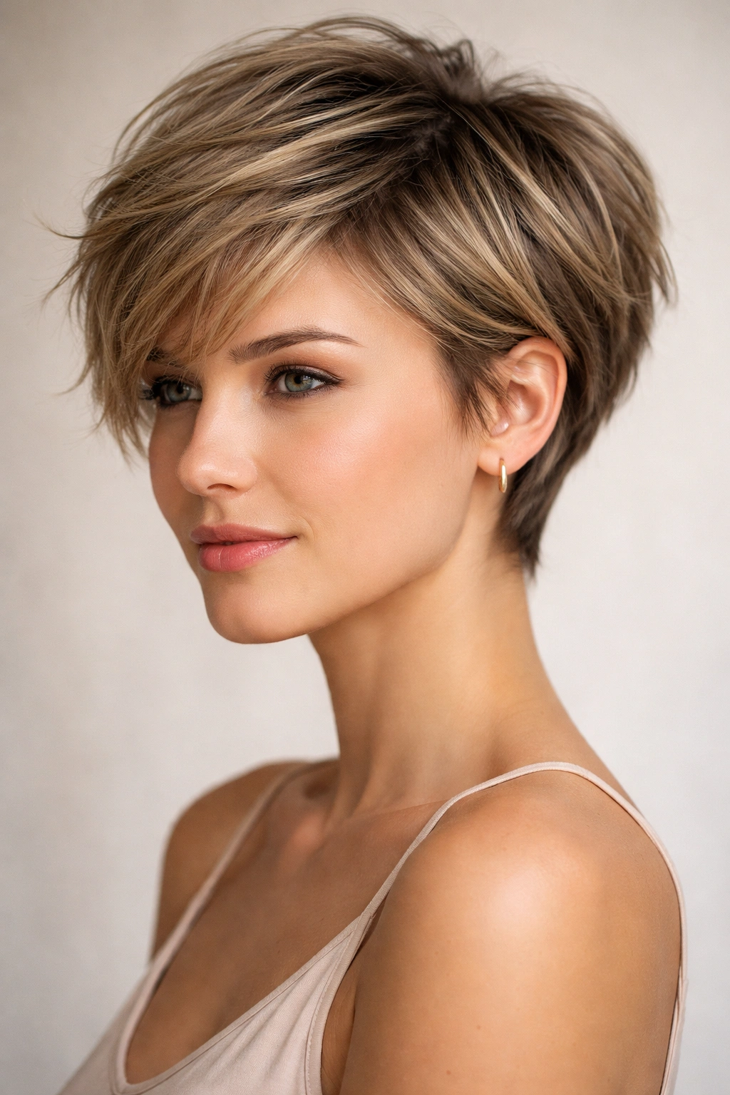 Close-up of a feathered pixie cut with soft feathered layers and movement