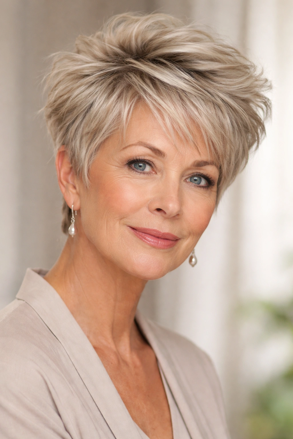 Feathered pixie with longer top on a diamond-shaped face.