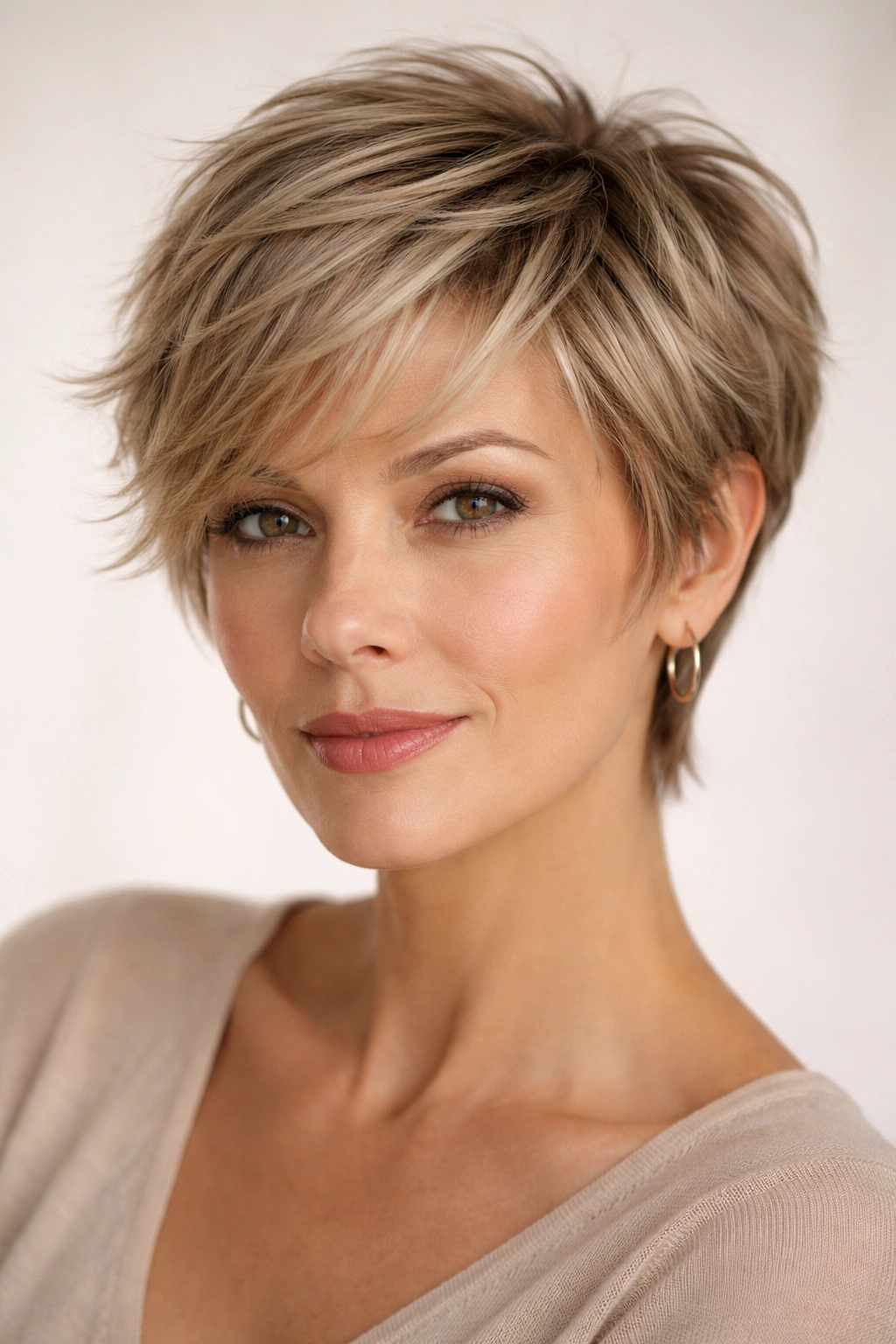 Close-up of a feathered pixie with soft, fine layers framing the face