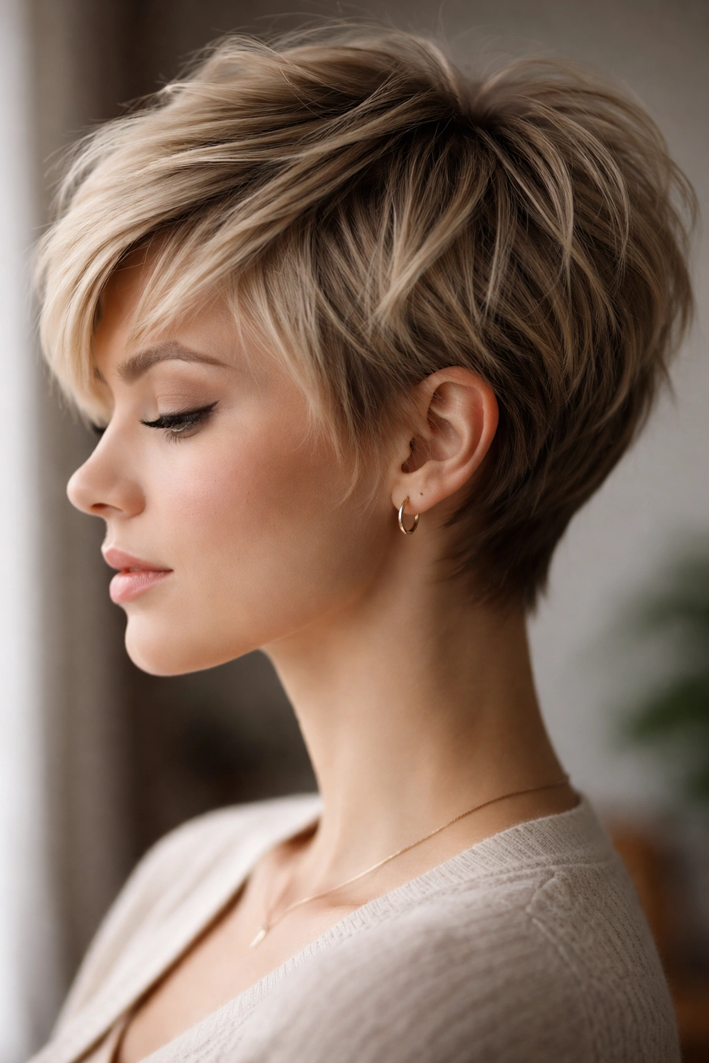 Close-up profile of a feathered pixie with wispy layers sweeping away from the face