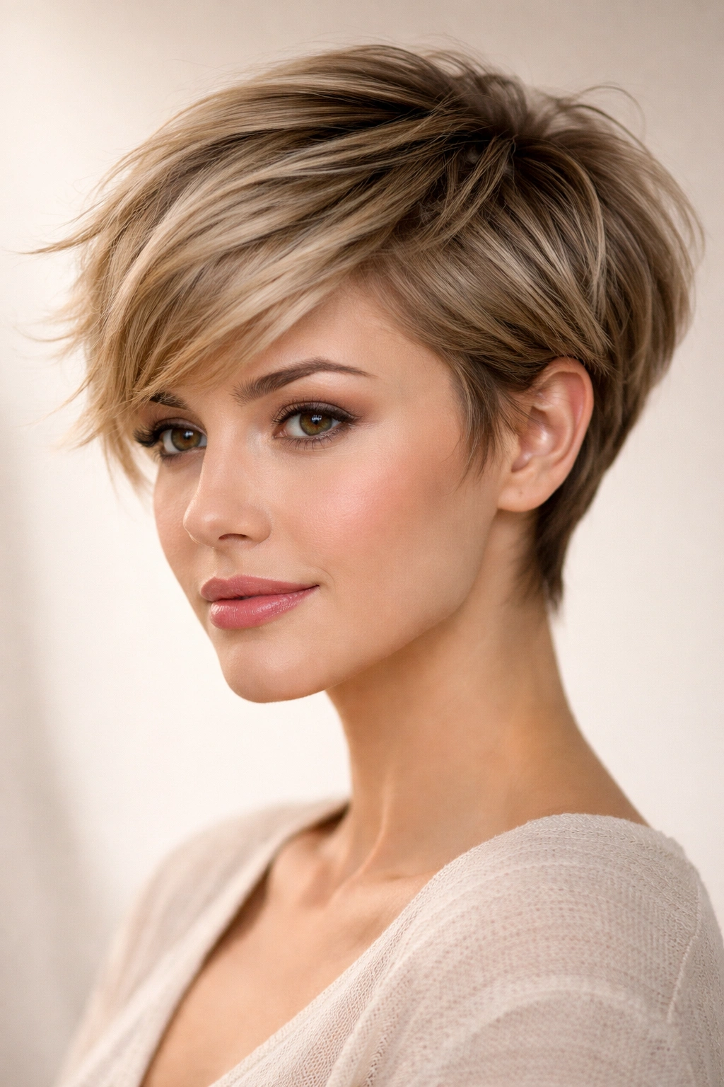Feathered pixie showing diagonal layered texture and movement