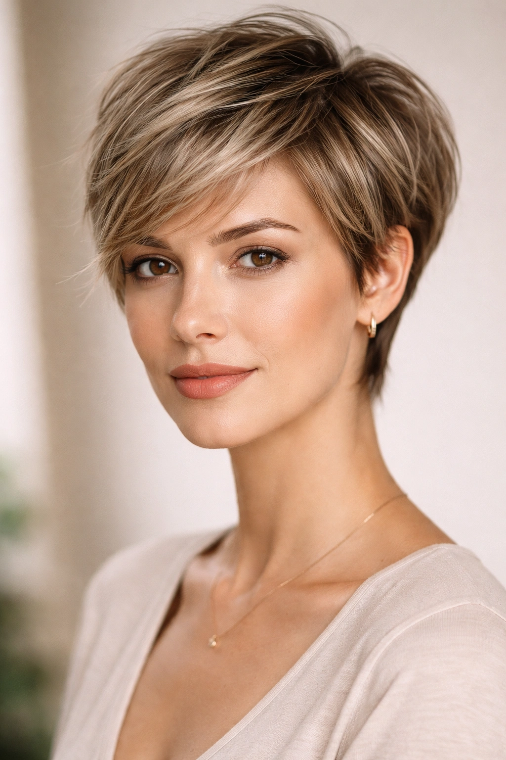 Feathered pixie with soft layers for an oblong face, showing width and movement