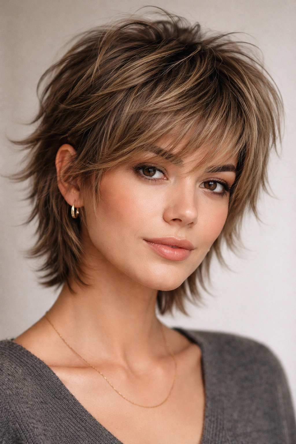 Close-up profile of a person with The Feathered Pixie Shag hairstyle featuring a short crown and layered feathered sides.
