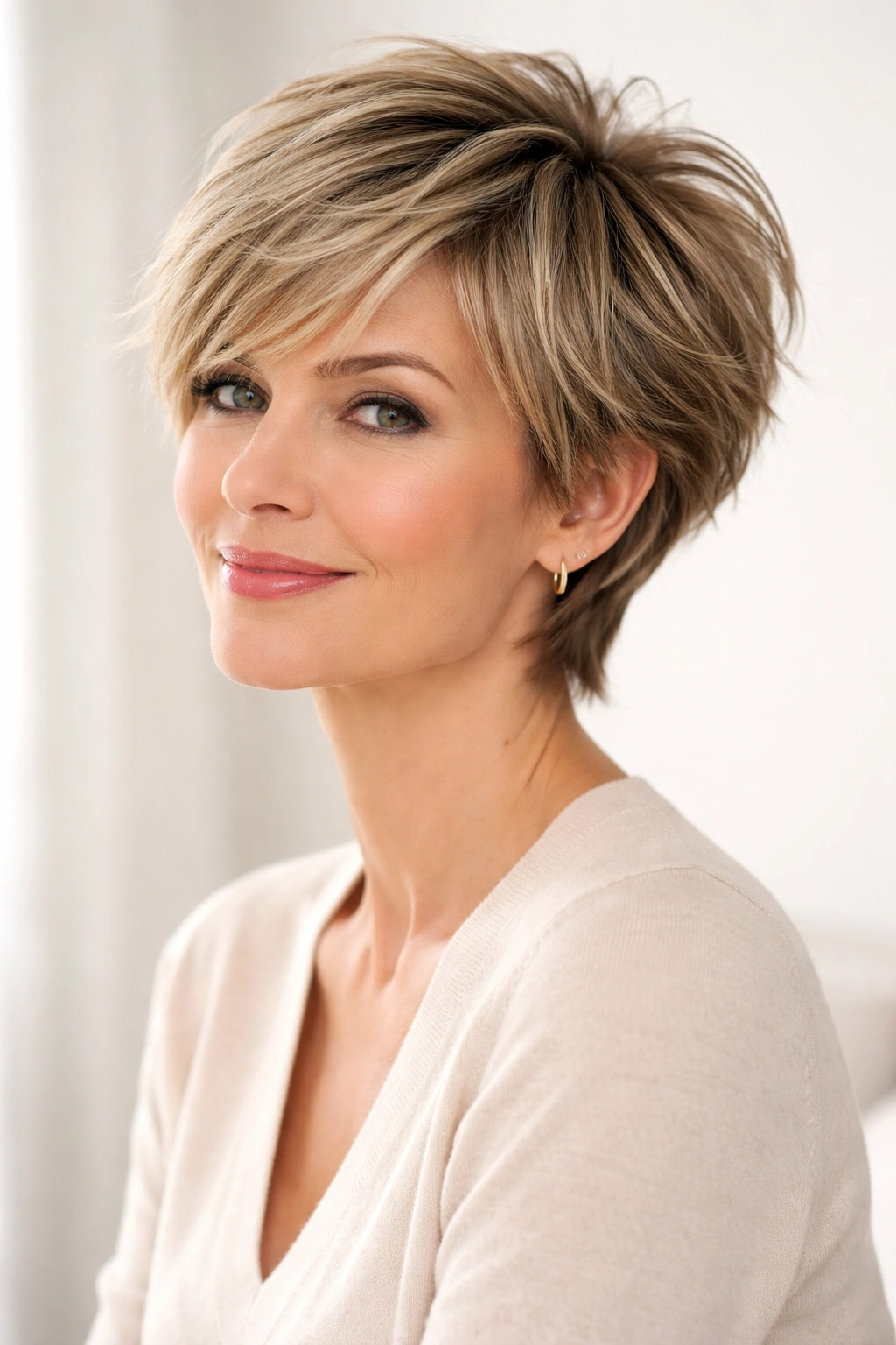 Woman with soft feathered pixie and flowing layers