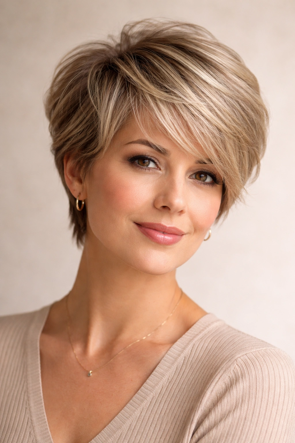 Feathered pixie with soft layers and crown lift