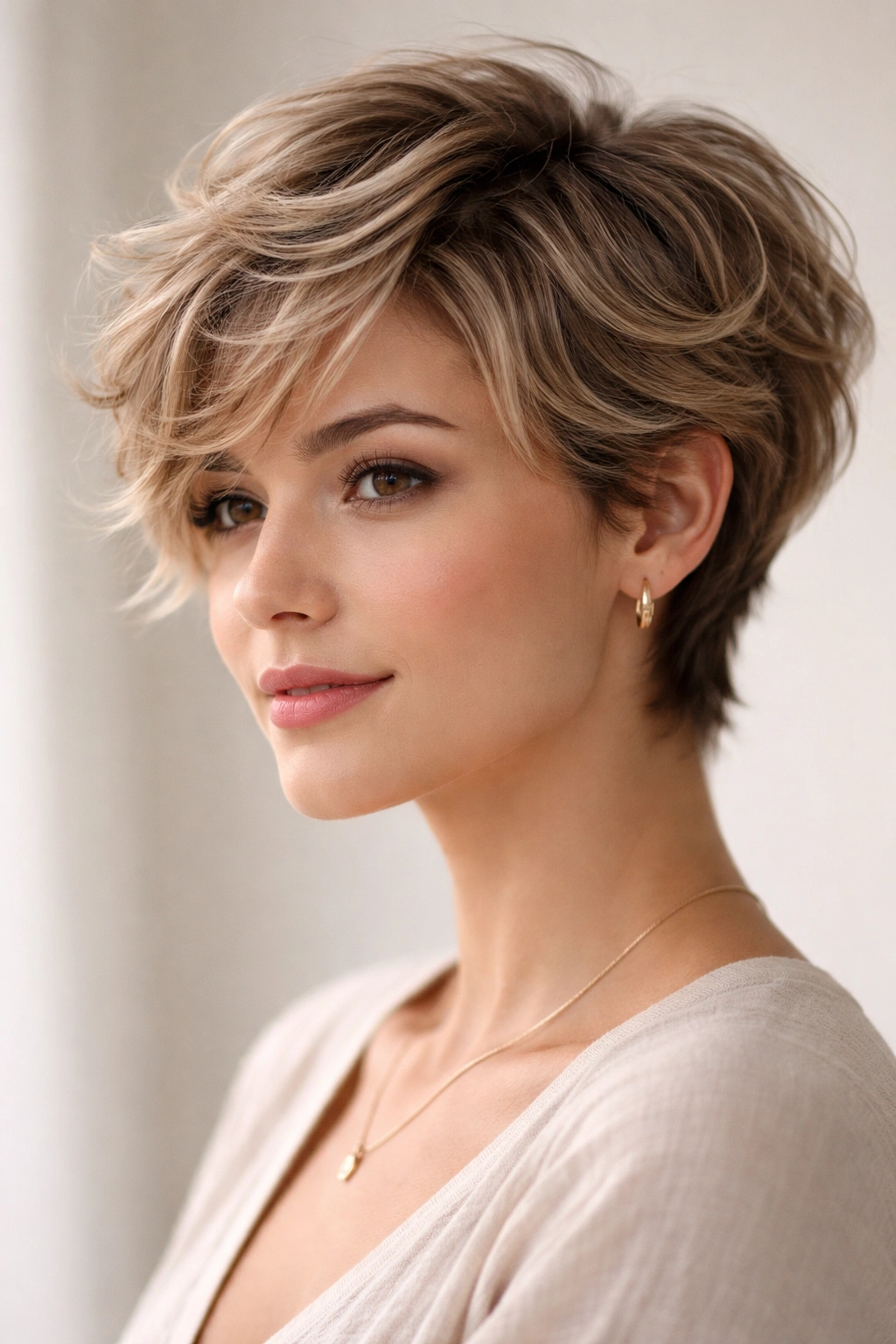 Close-up of a feathered pixie with soft texture sweeping away from the face